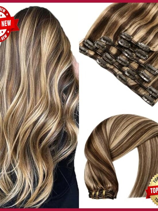 18 Inch Human Hair Clip-In Extensions, 120g, 6 Piece Double Weft 16 Double Weft Brazilian Human Hair Clip In Extensions  main image 3